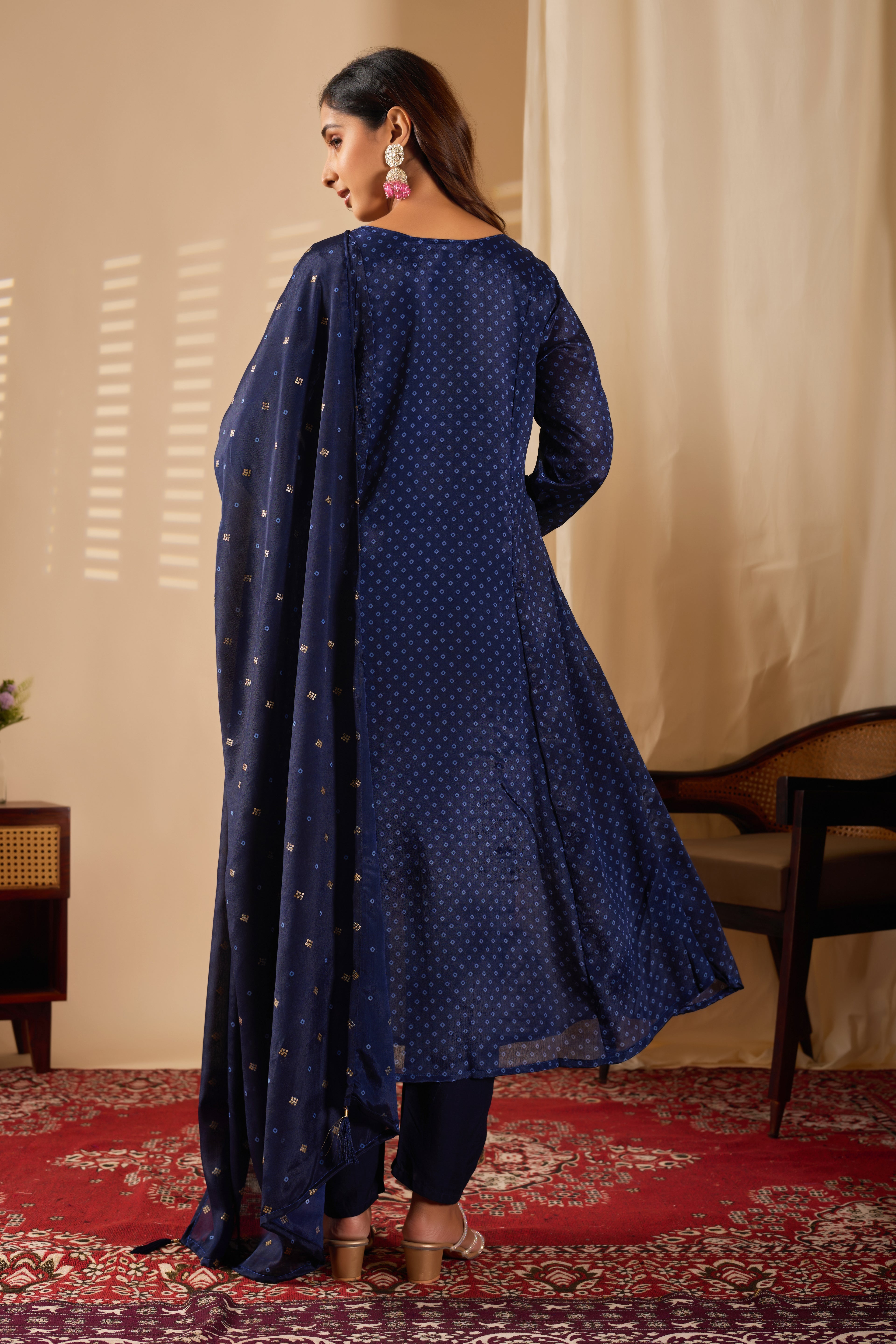 Chinon Embroidered Flared Kurta Set