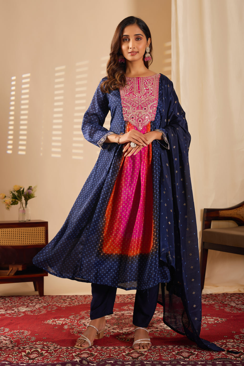 Chinon Embroidered Flared Kurta Set