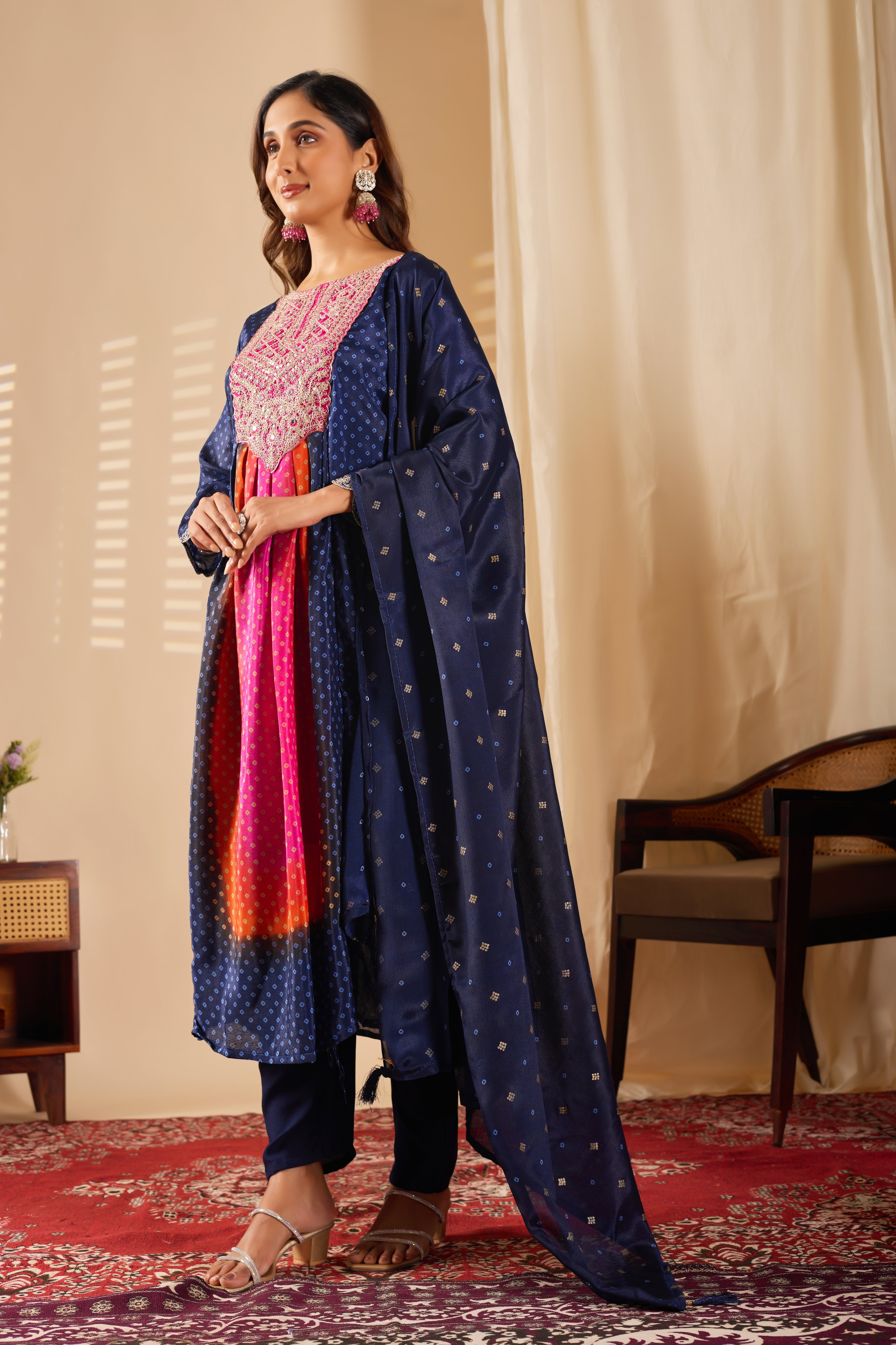 Chinon Embroidered Flared Kurta Set