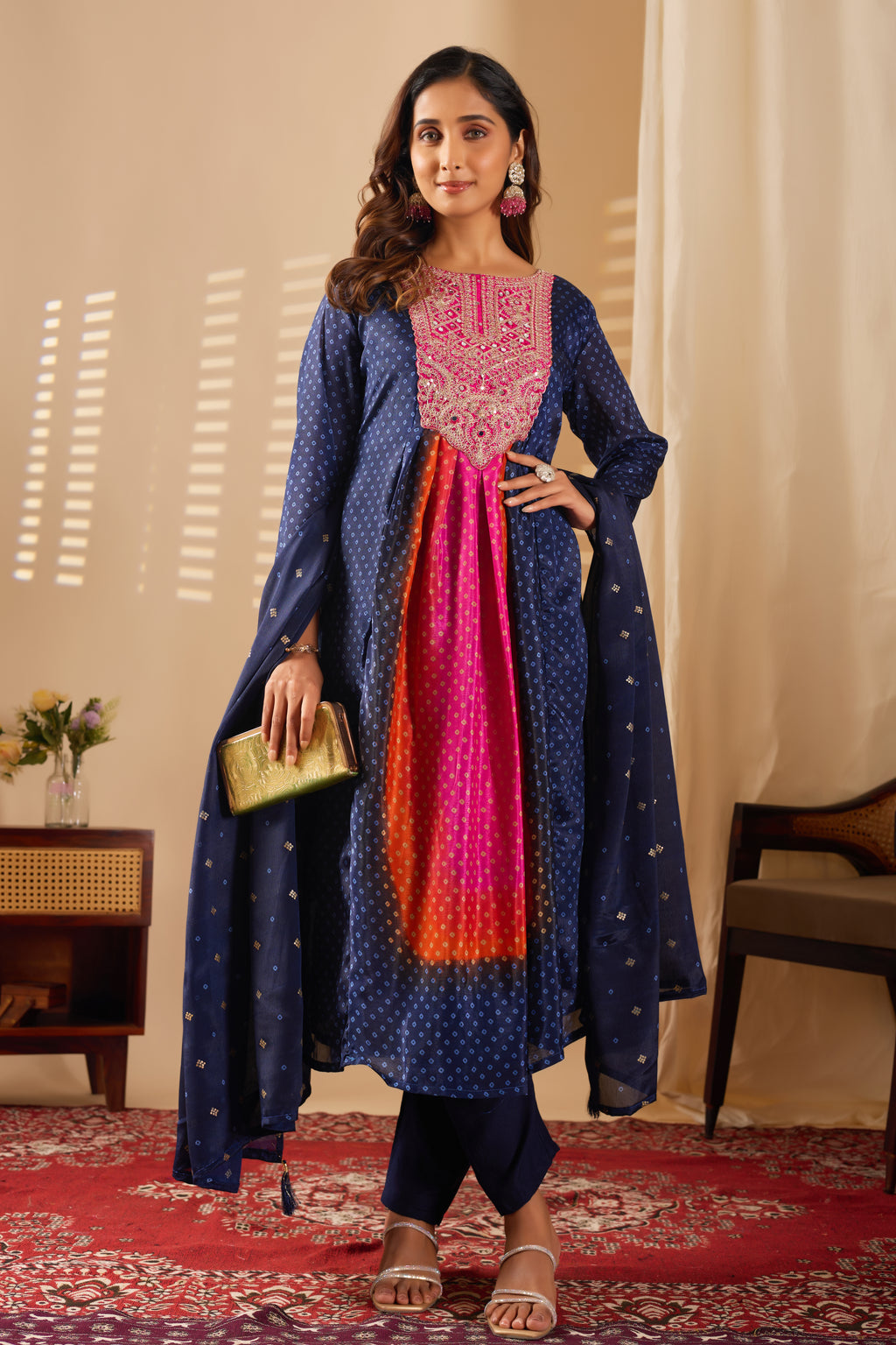 Chinon Embroidered Flared Kurta Set