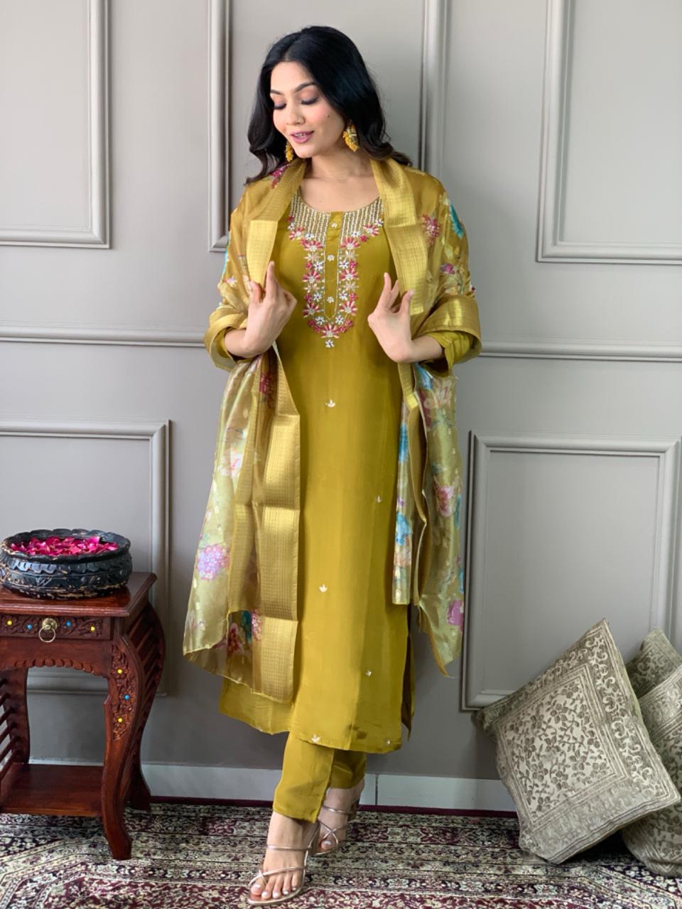 Women's Mustard Viscose Chanderi Kurti Set with Jacquard Butti Dupatta