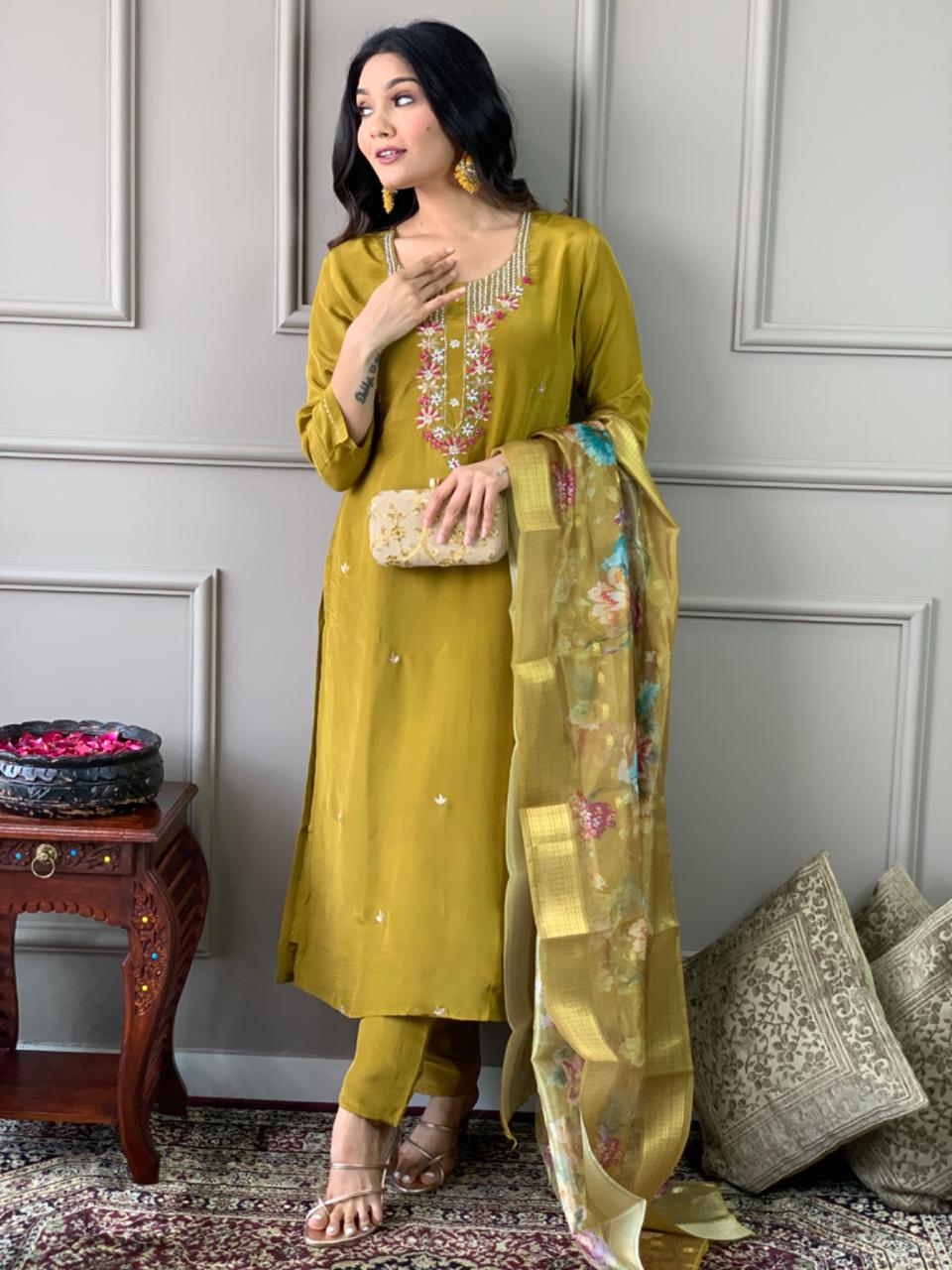 Women's Mustard Viscose Chanderi Kurti Set with Jacquard Butti Dupatta