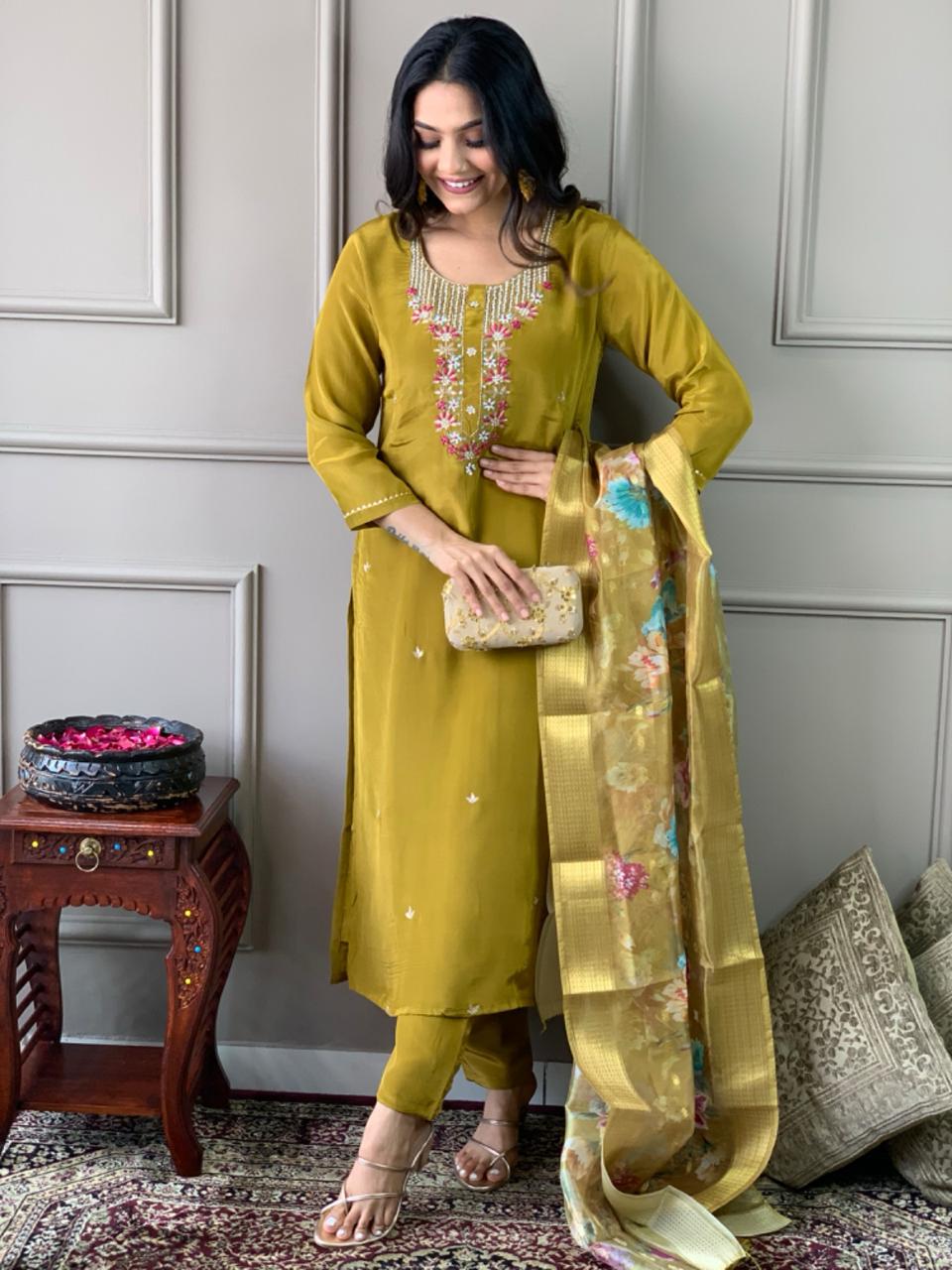 Women's Mustard Viscose Chanderi Kurti Set with Jacquard Butti Dupatta