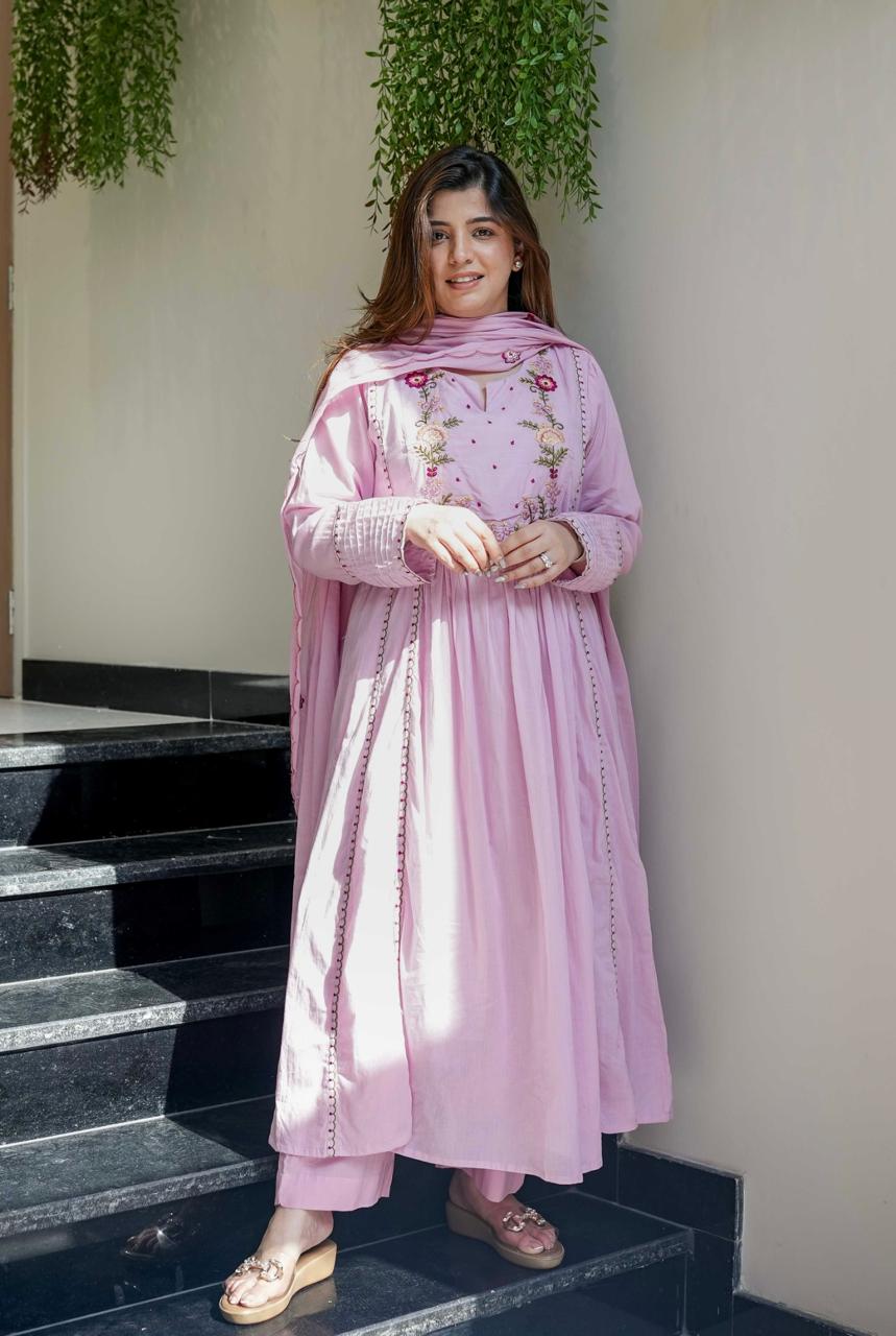 Women's Chanderi Silk Kurti Pant Set with Organza Dupatta in Pista & Pink