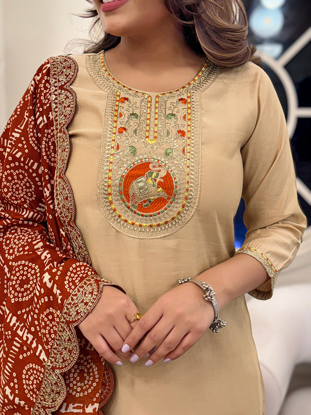 Women's Chiku BSY Viscose Embroidered Straight Kurta with BSY Viscose Pant And Silk Blend Embroidered Laced Dupatta Sets