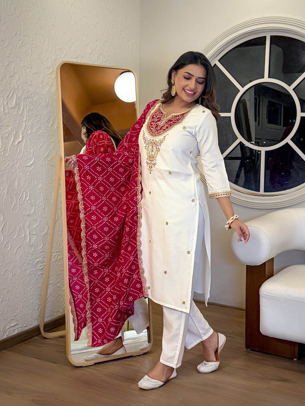 Women's BSY Viscose Embroidered Straight Kurta with Pant And Dupatta Sets