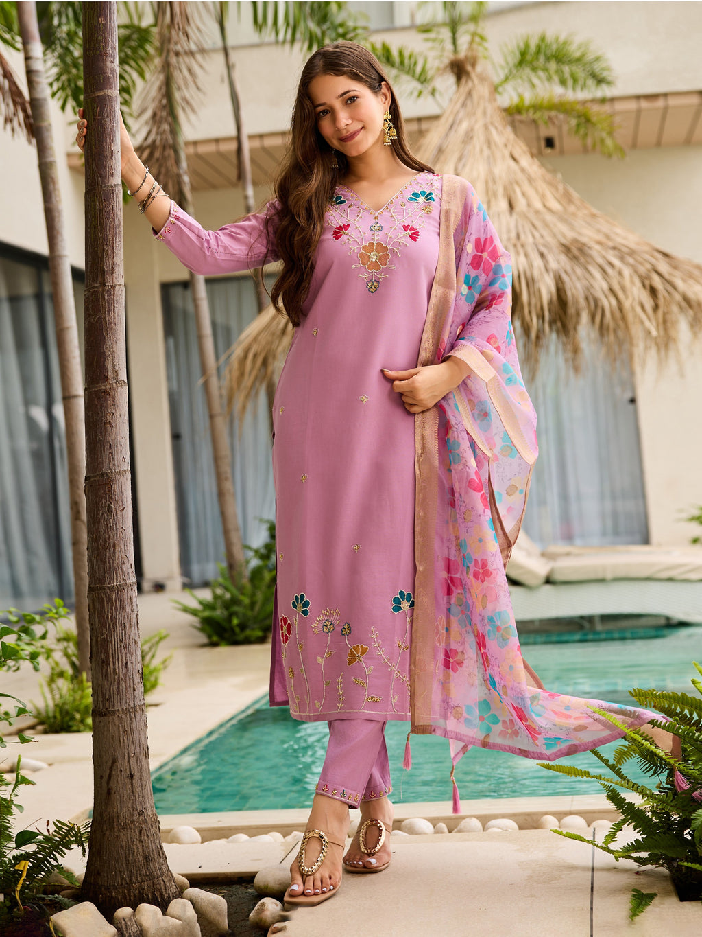 Women's Viscose Gadhwal Kurti Set with Jacquard Organza Dupatta