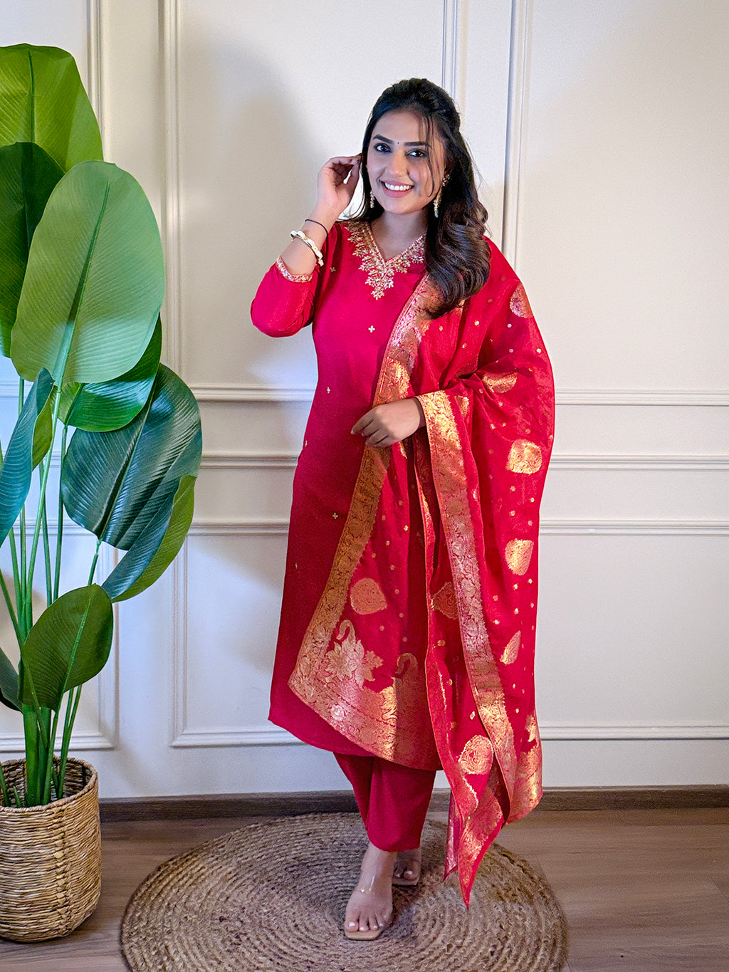 Women's Rani Viscose Embroidered Straight Kurta with Viscose Pant And Jacquard Printed Dupatta Sets