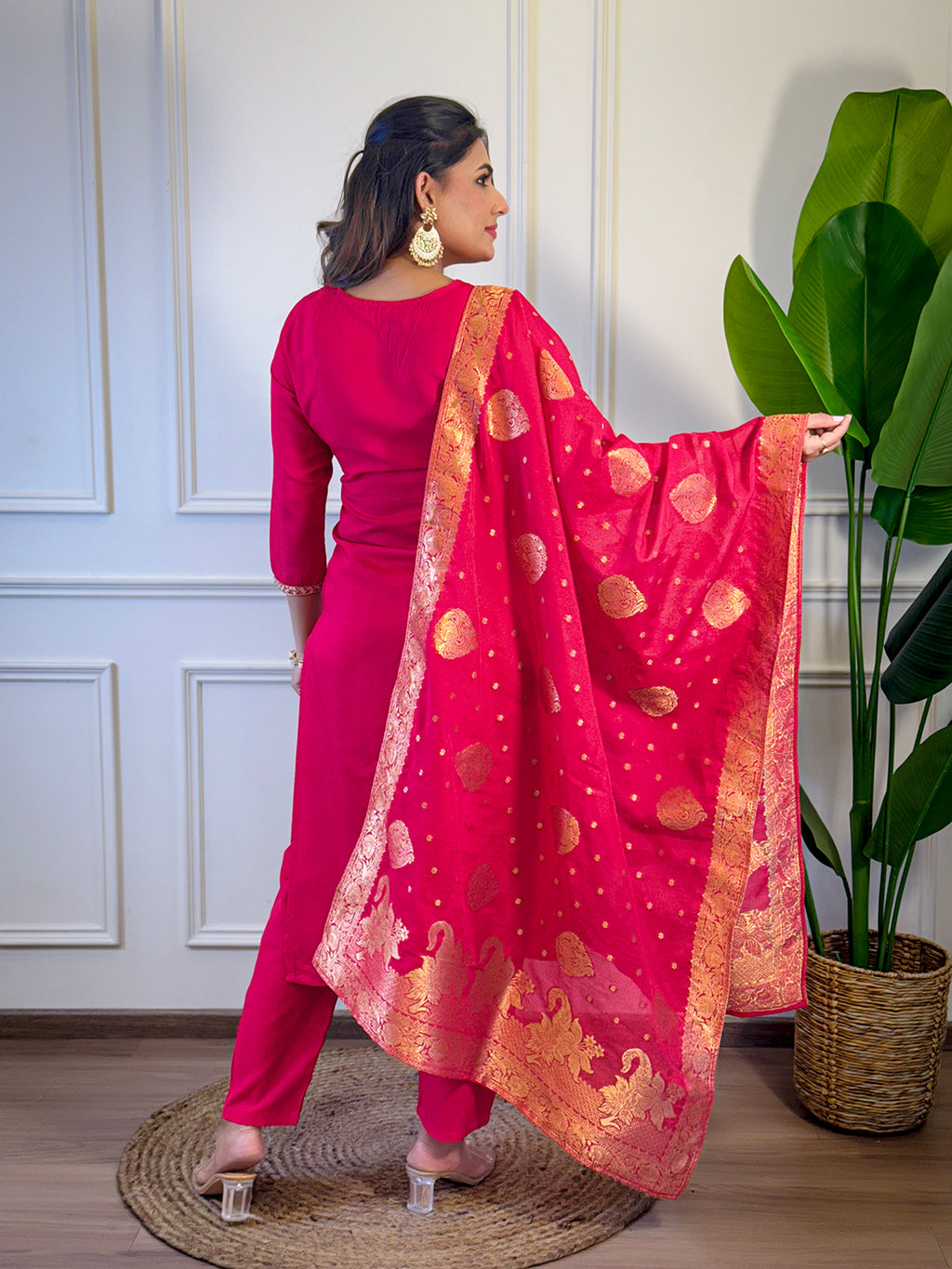 Women's Rani Viscose Embroidered Straight Kurta with Viscose Pant And Jacquard Printed Dupatta Sets