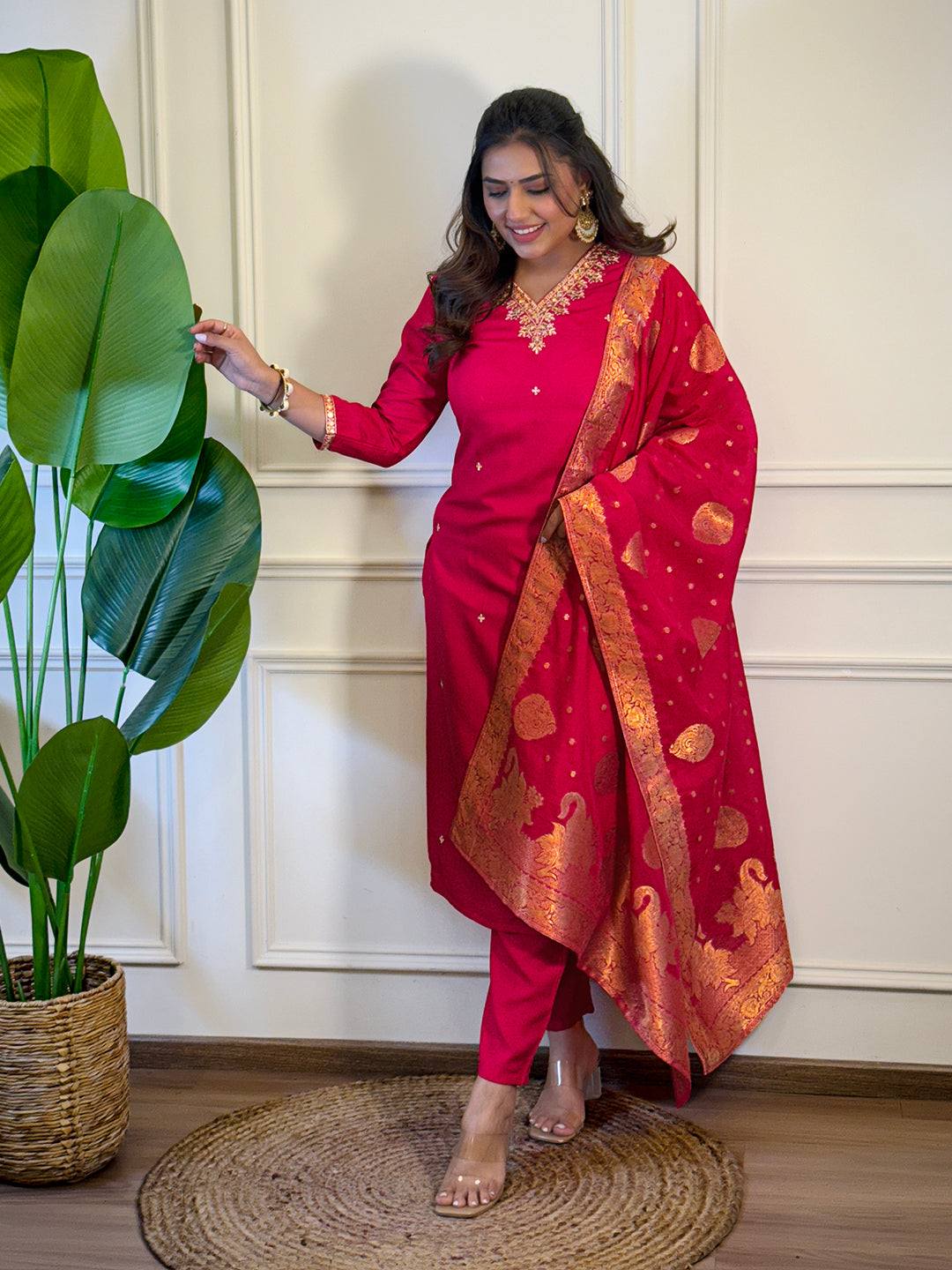 Women's Rani Viscose Embroidered Straight Kurta with Viscose Pant And Jacquard Printed Dupatta Sets