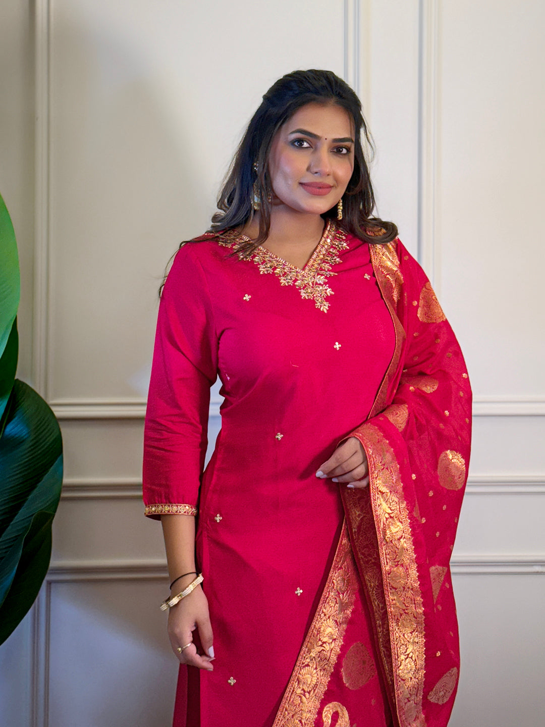 Women's Rani Viscose Embroidered Straight Kurta with Viscose Pant And Jacquard Printed Dupatta Sets