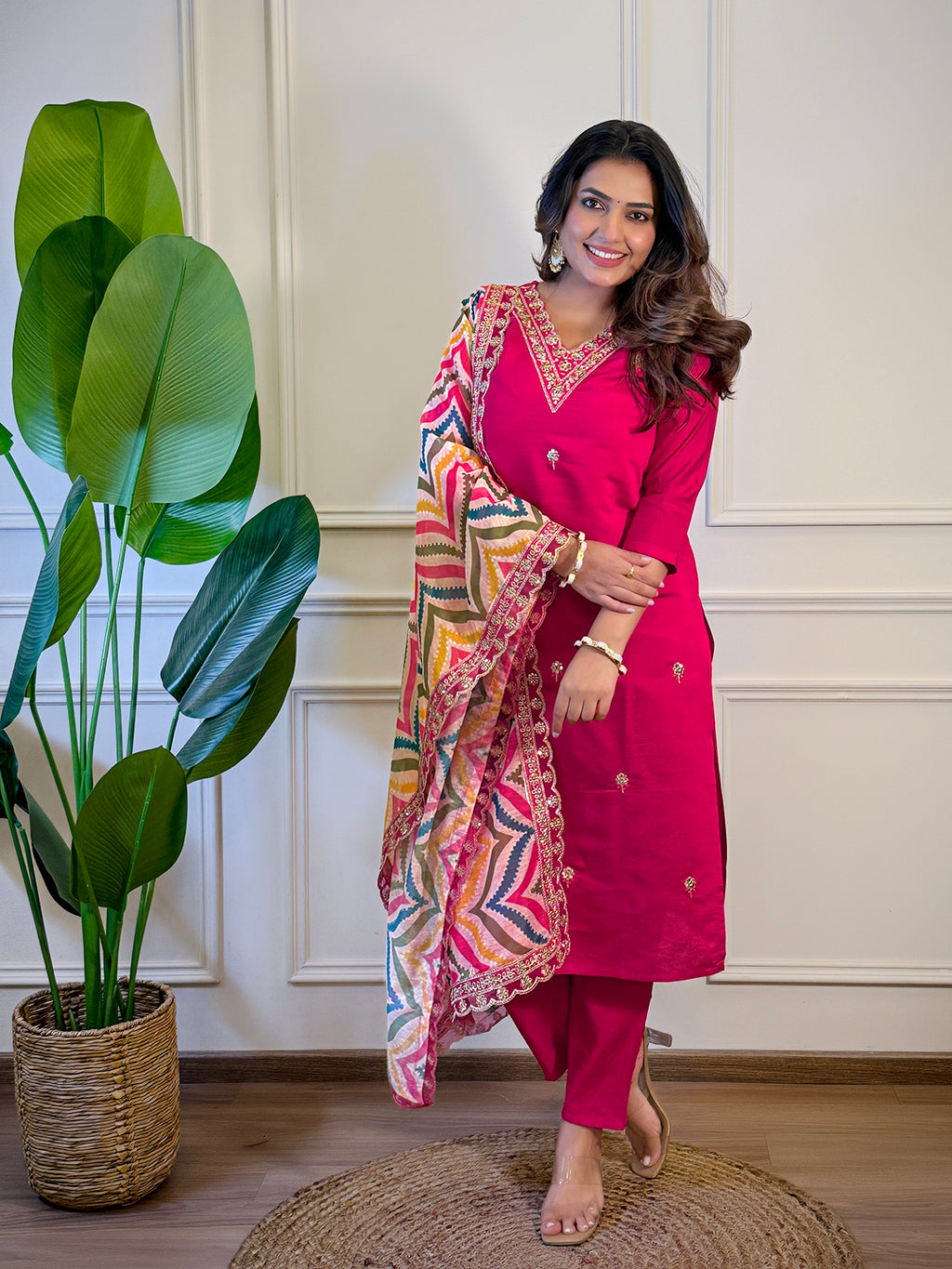 Women's Rani Viscose Embroidered Straight Kurta with Viscose Pant And Jacquard Printed Dupatta Sets