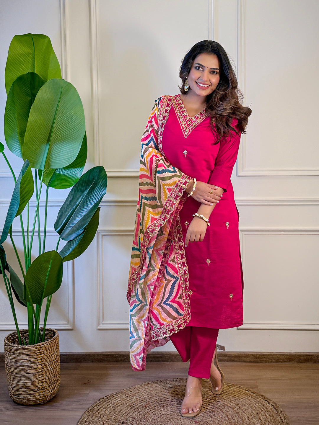 Women's Rani Viscose Embroidered Straight Kurta with Viscose Pant And Jacquard Printed Dupatta Sets