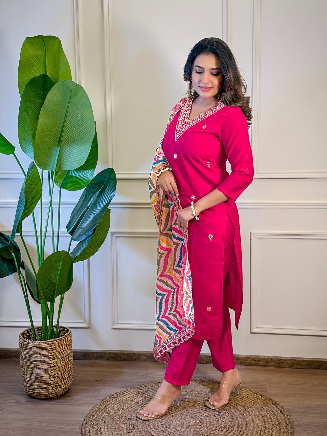 Women's Rani Viscose Embroidered Straight Kurta with Viscose Pant And Jacquard Printed Dupatta Sets