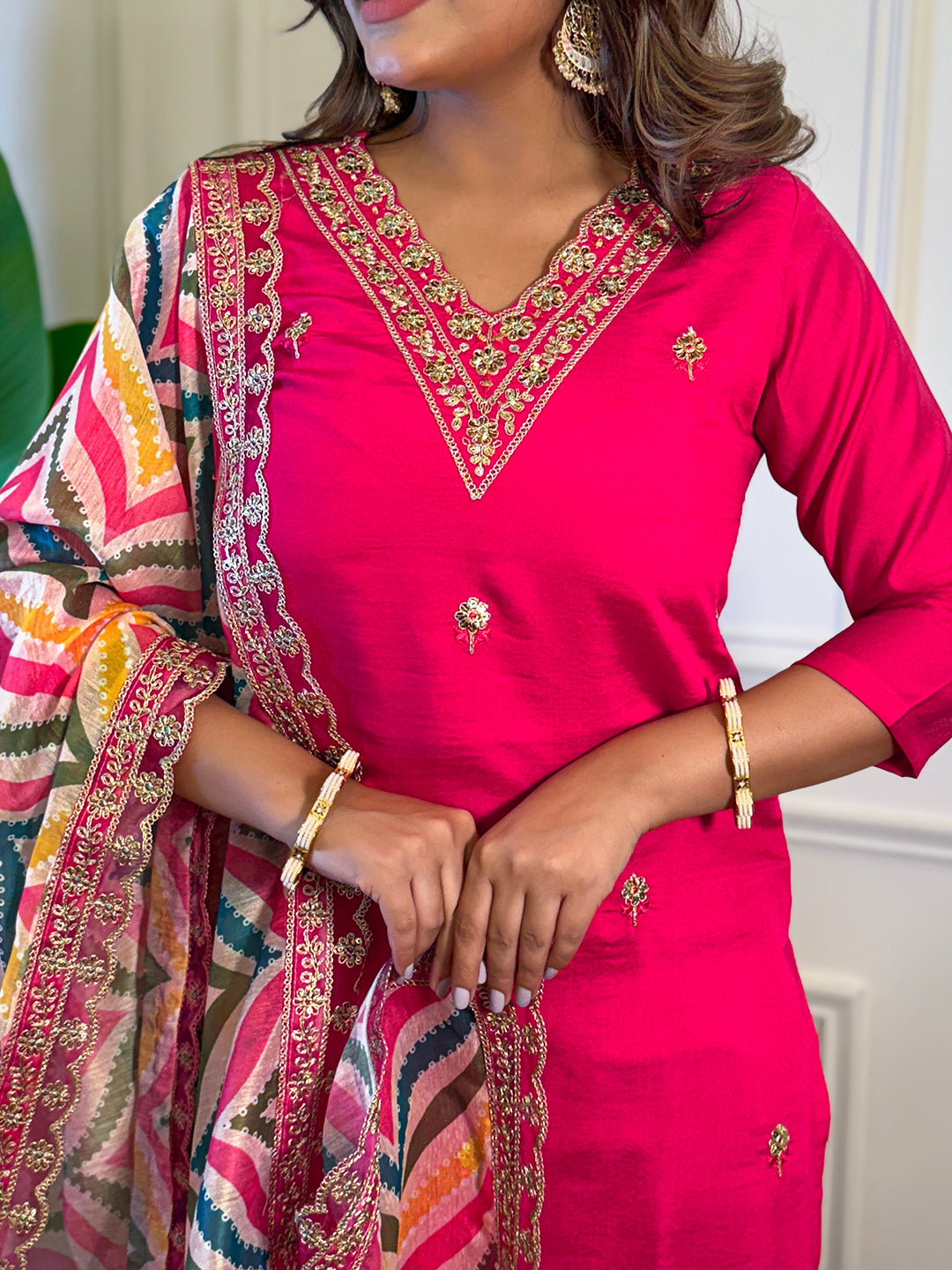 Women's Rani Viscose Embroidered Straight Kurta with Viscose Pant And Jacquard Printed Dupatta Sets