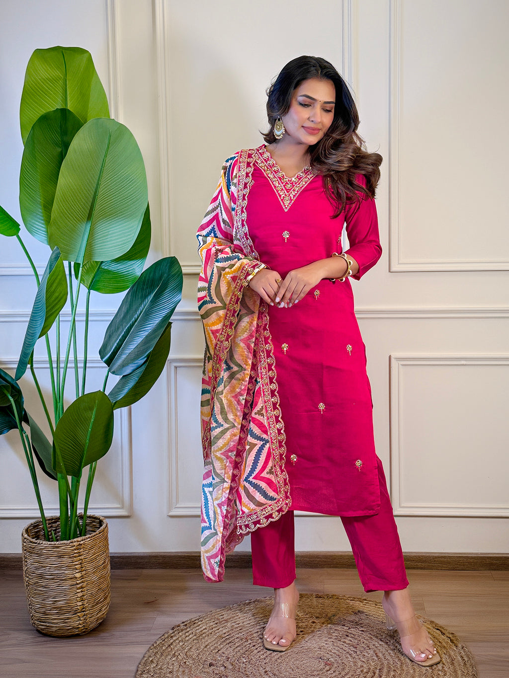 Women's Rani Viscose Embroidered Straight Kurta with Viscose Pant And Jacquard Printed Dupatta Sets