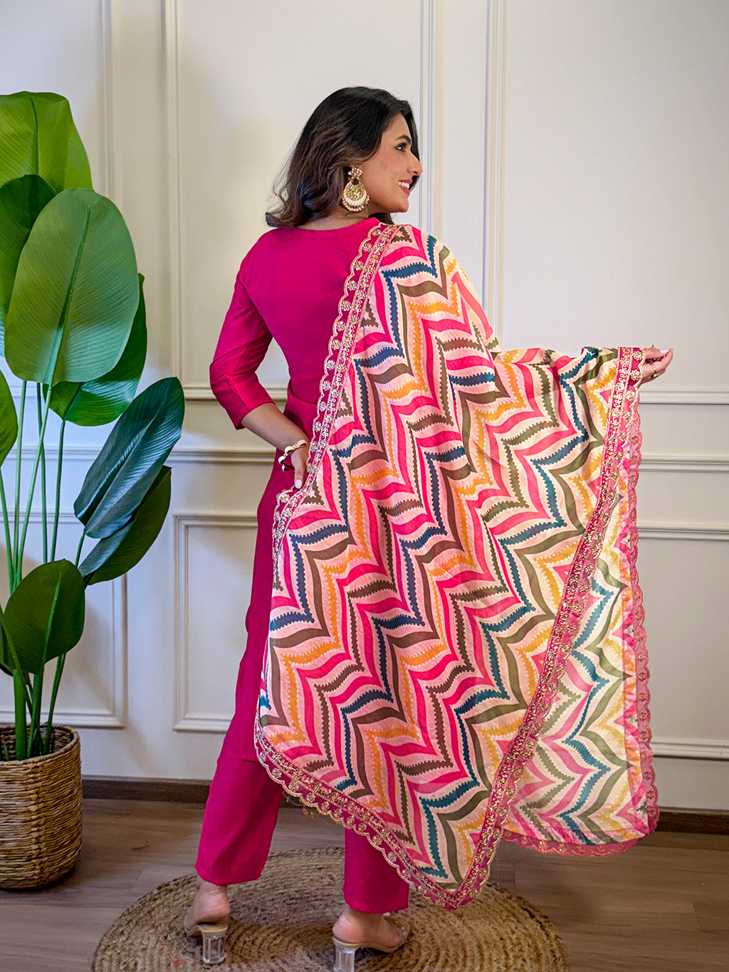 Women's Rani Viscose Embroidered Straight Kurta with Viscose Pant And Jacquard Printed Dupatta Sets