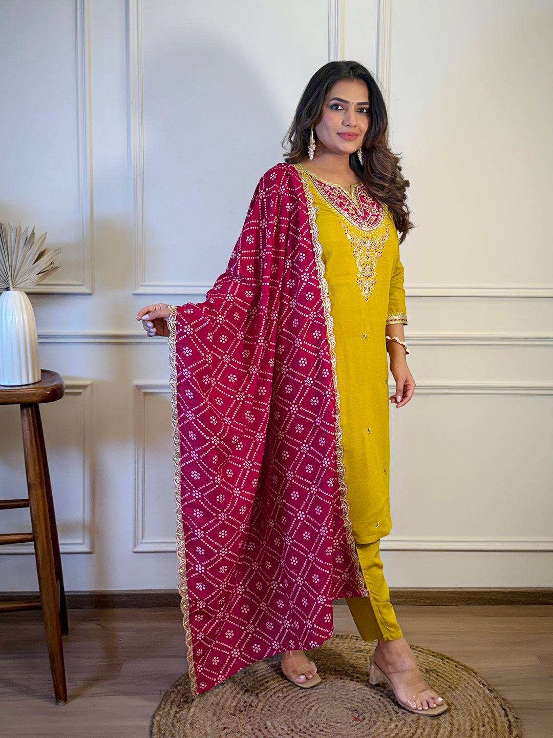 Women's BSY Viscose Embroidered Straight Kurta with Pant And Dupatta Sets