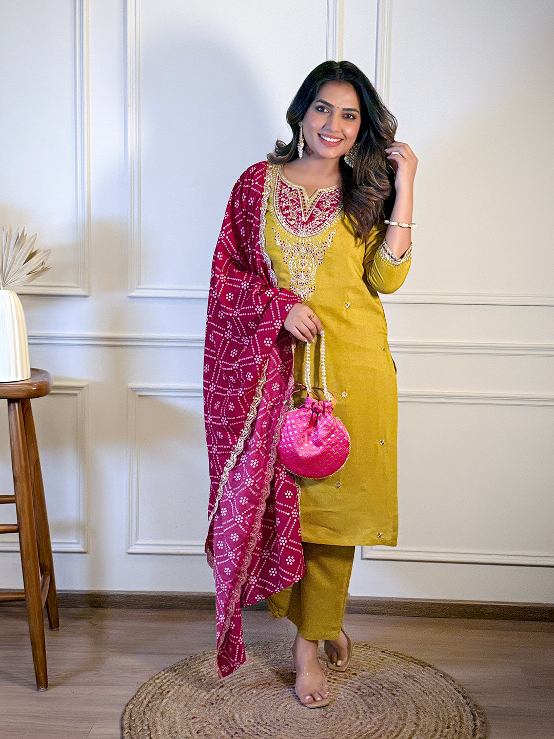 Women's BSY Viscose Embroidered Straight Kurta with Pant And Dupatta Sets