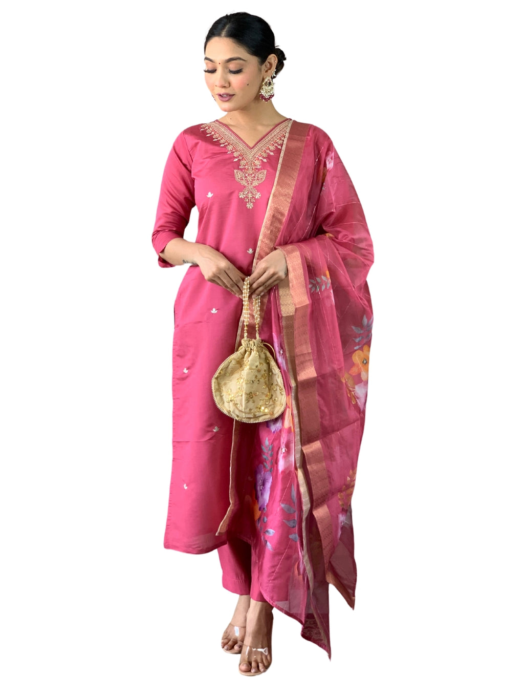 Women's Viscose Chanderi Kurti Set with Nylon Jacquard Dupatta