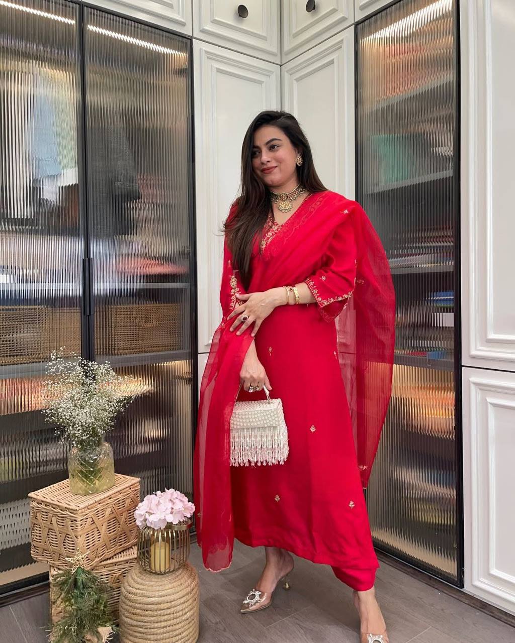 Women's Red Rayon Kurti Pant Set with Organza Embroidered Dupatta