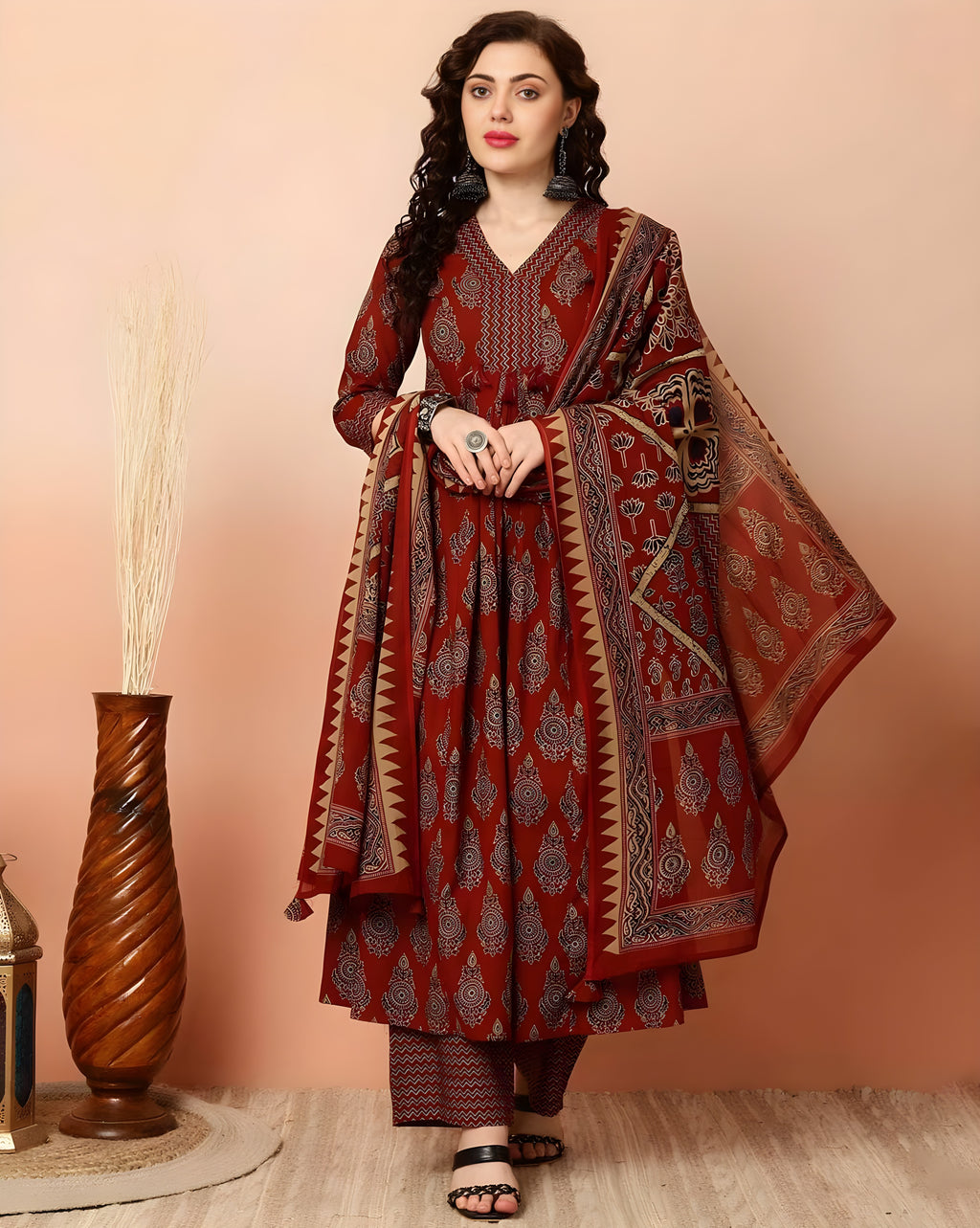 Rayon Silk Flared Kurta Set with Rayon Pant and Silk Dupatta