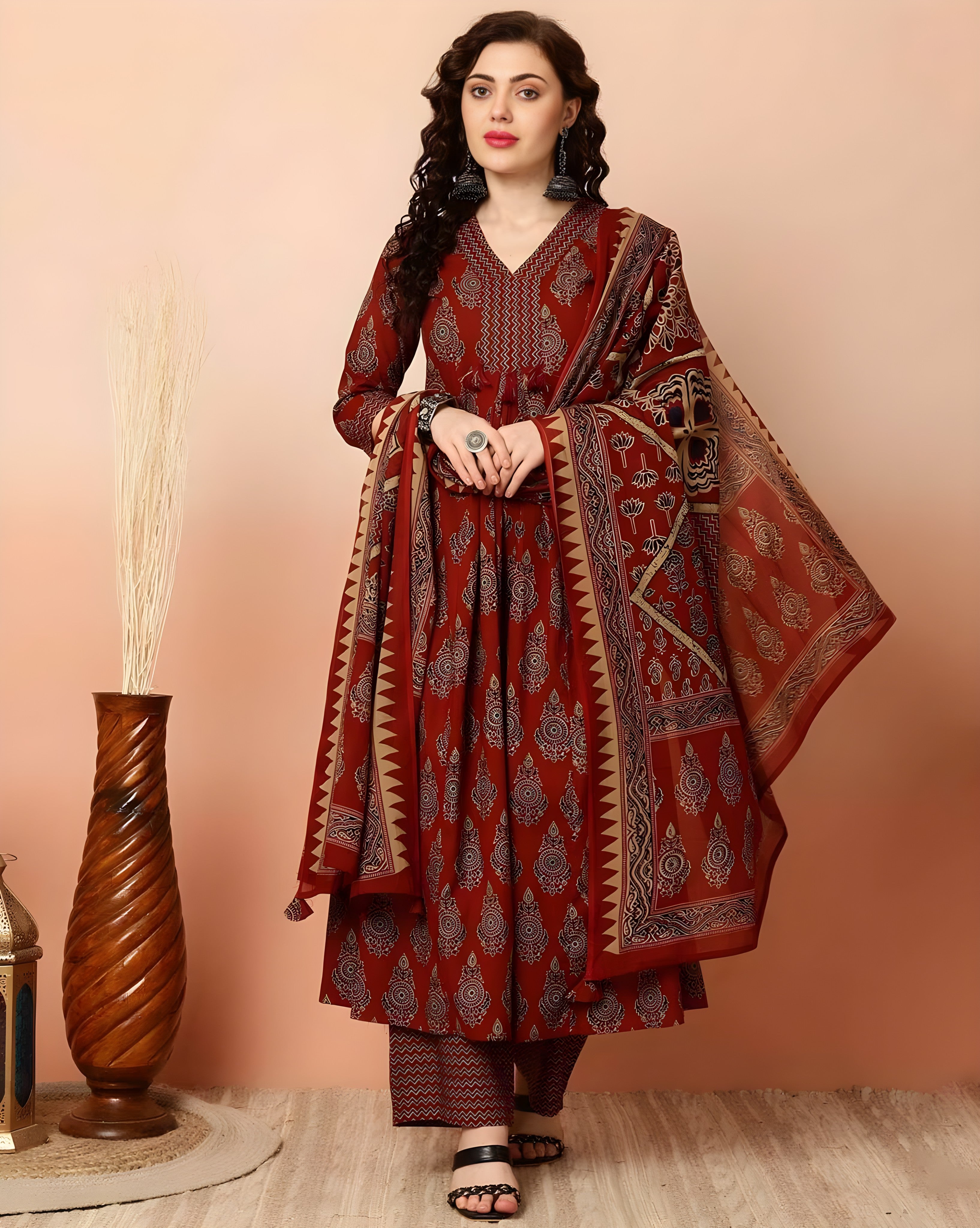 Rayon Silk Flared Kurta Set with Rayon Pant and Silk Dupatta