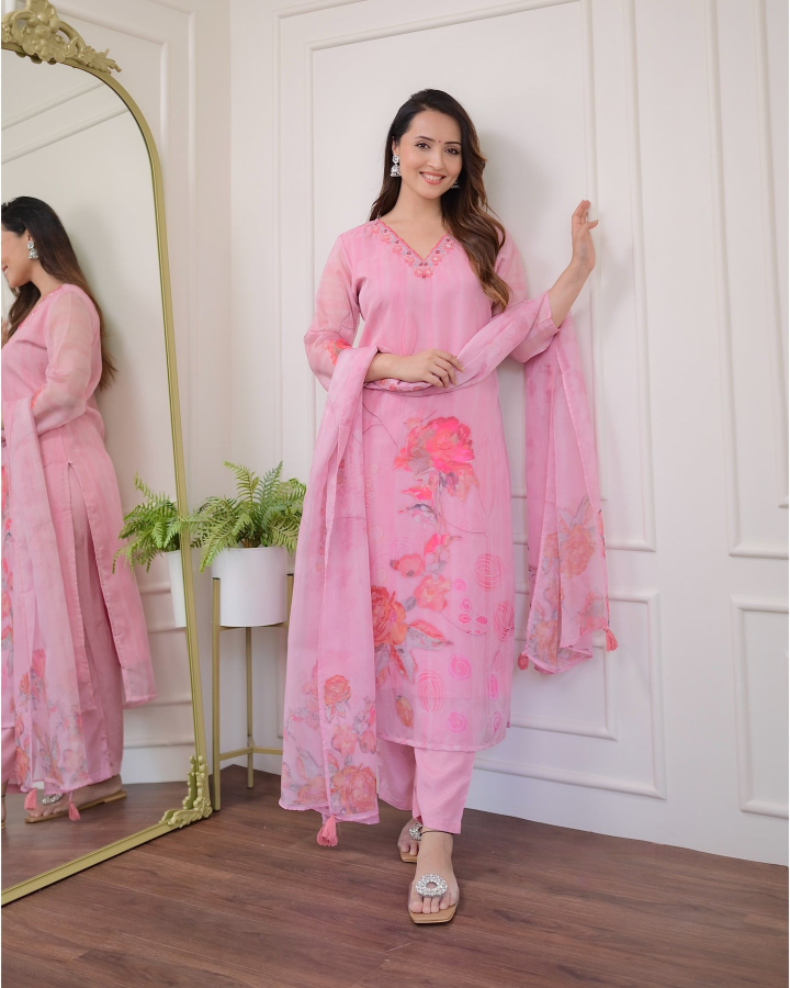 Women's Premium Organza Light Pink Kurti Set with Viscose Rayon Bottom & Printed Dupatta