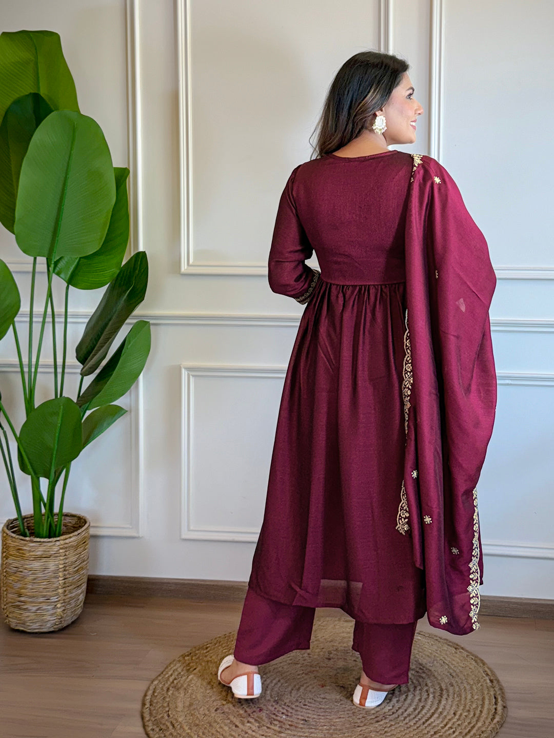Women's Wine Vichitra Silk Embroidered Straight Kurta with Vichitra Silk Pant And Chinon Laced Dupatta Sets