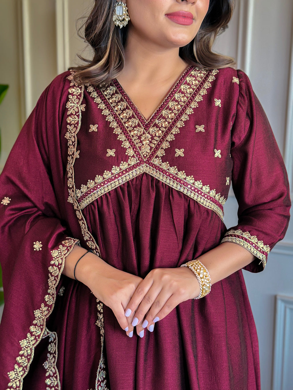 Women's Wine Vichitra Silk Embroidered Straight Kurta with Vichitra Silk Pant And Chinon Laced Dupatta Sets