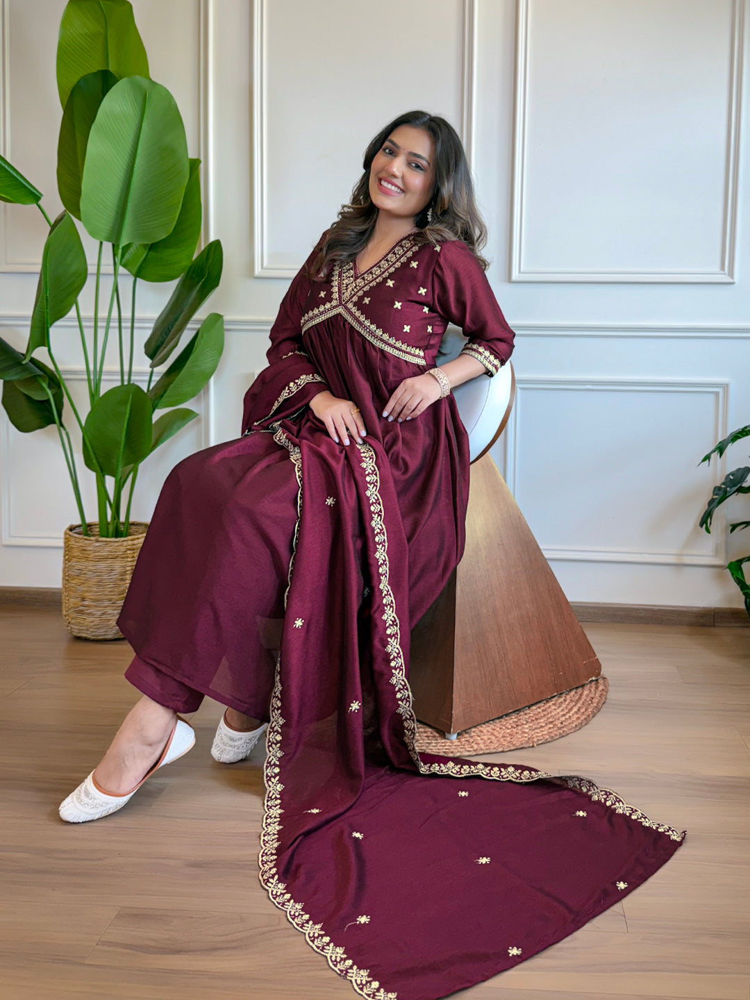 Women's Wine Vichitra Silk Embroidered Straight Kurta with Vichitra Silk Pant And Chinon Laced Dupatta Sets