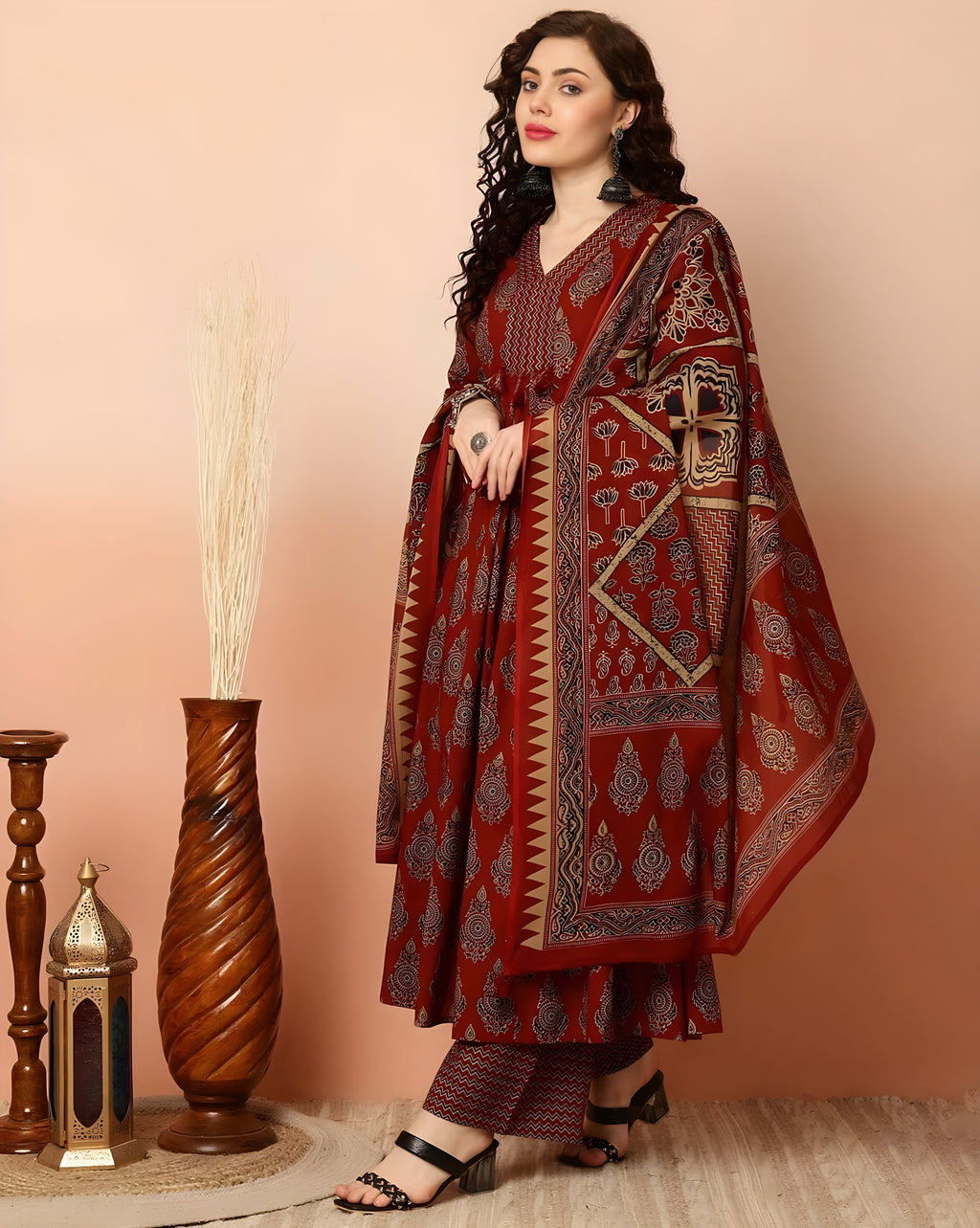 Rayon Silk Flared Kurta Set with Rayon Pant and Silk Dupatta