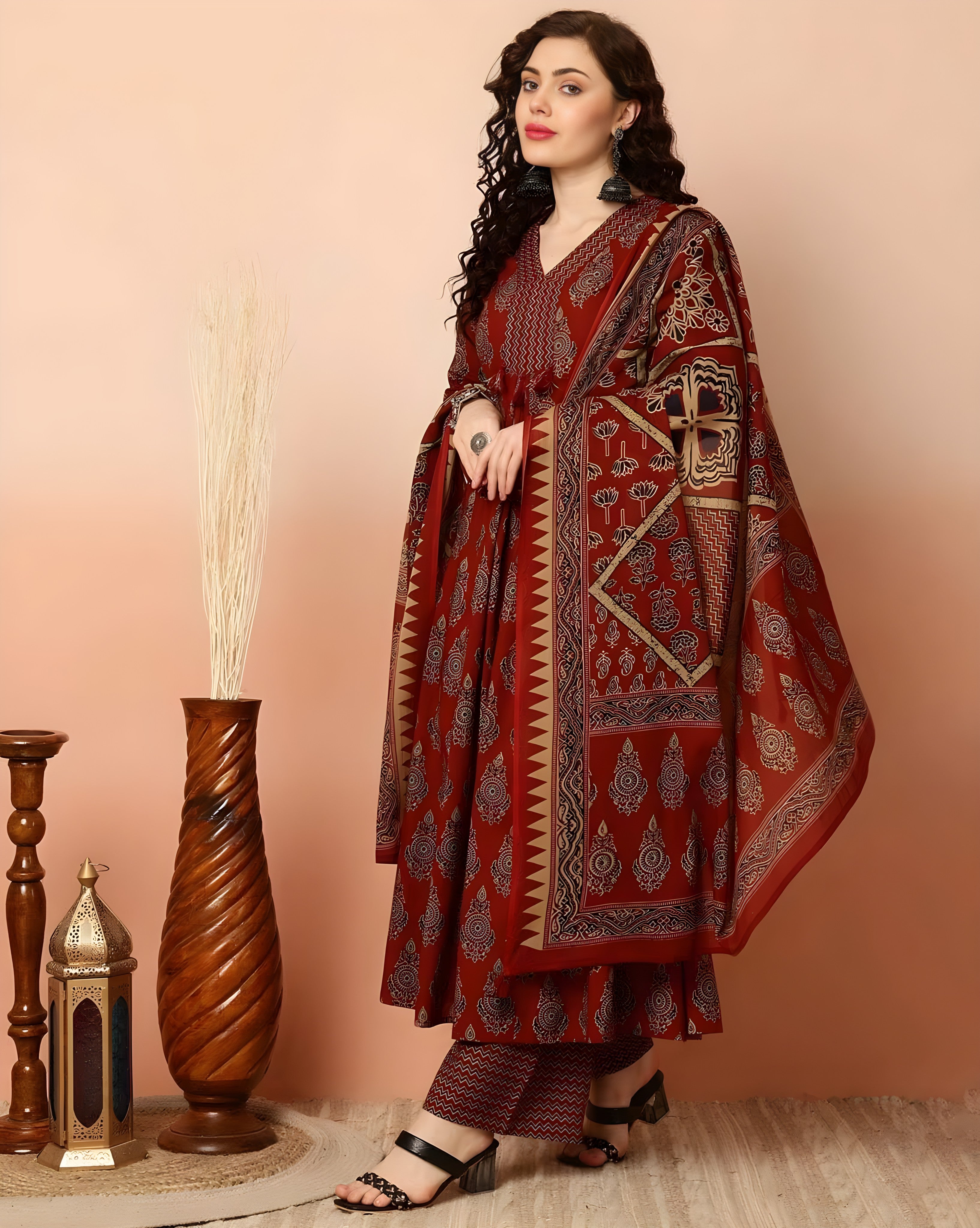 Rayon Silk Flared Kurta Set with Rayon Pant and Silk Dupatta