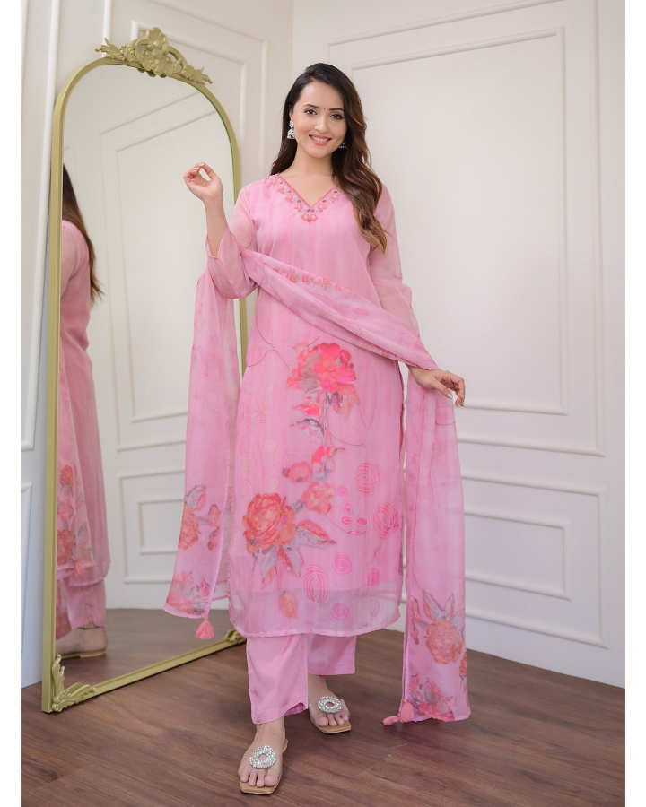Women's Premium Organza Light Pink Kurti Set with Viscose Rayon Bottom & Printed Dupatta