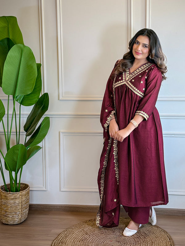 Women's Wine Vichitra Silk Embroidered Straight Kurta with Vichitra Silk Pant And Chinon Laced Dupatta Sets