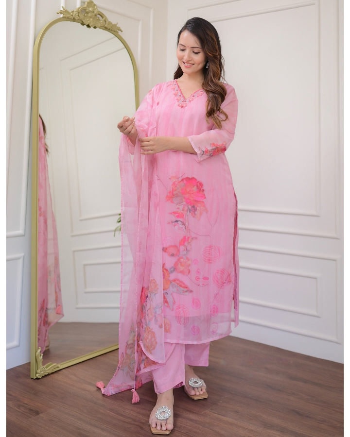 Women's Premium Organza Light Pink Kurti Set with Viscose Rayon Bottom & Printed Dupatta