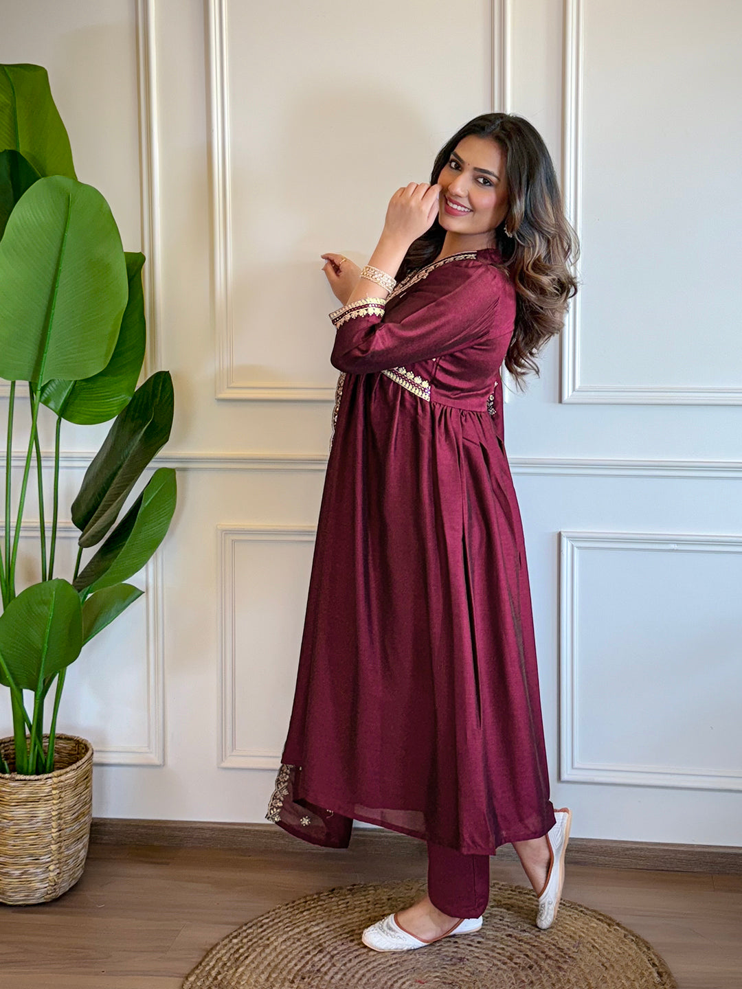 Women's Wine Vichitra Silk Embroidered Straight Kurta with Vichitra Silk Pant And Chinon Laced Dupatta Sets