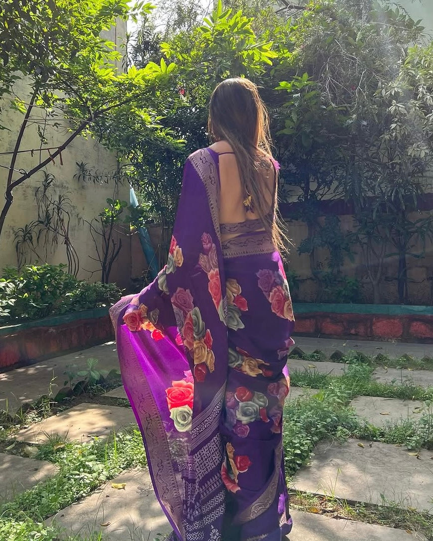 Regal Purple Tussar Silk Saree with Multicolor Floral Prints & Intricate Zari Border