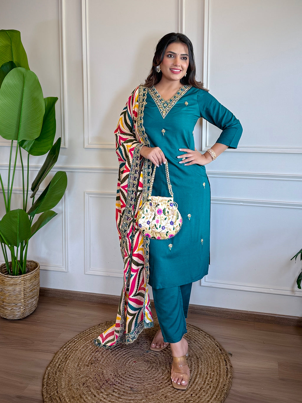 Women's Rani Viscose Embroidered Straight Kurta with Viscose Pant And Jacquard Printed Dupatta Sets