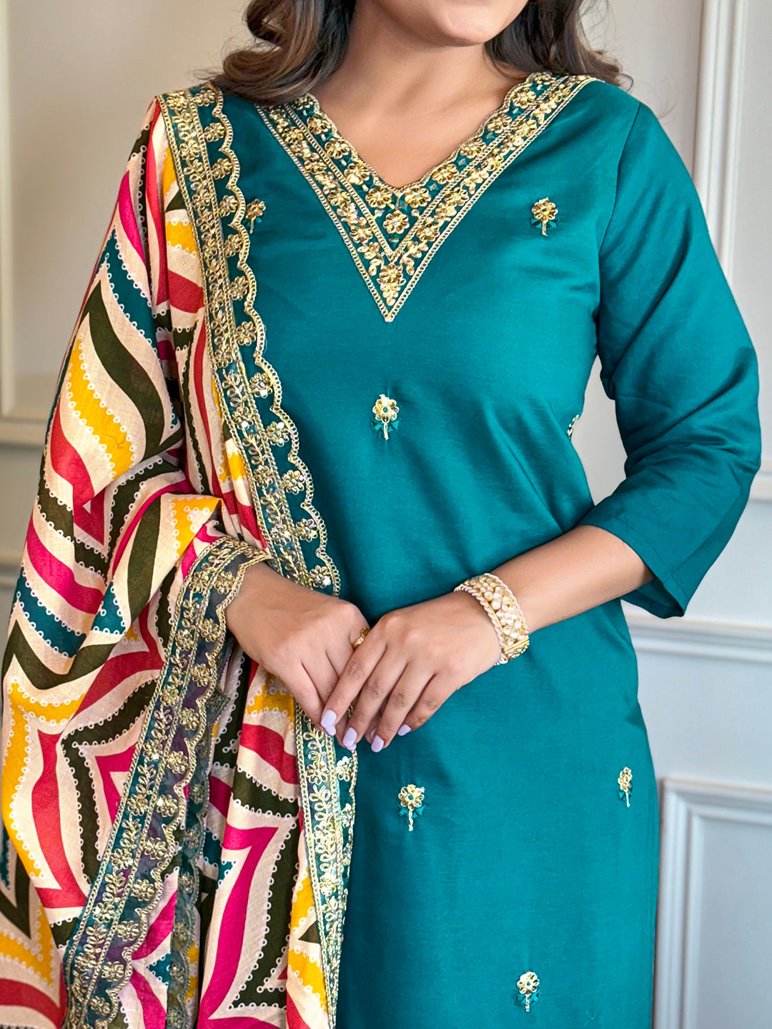 Women's Rani Viscose Embroidered Straight Kurta with Viscose Pant And Jacquard Printed Dupatta Sets