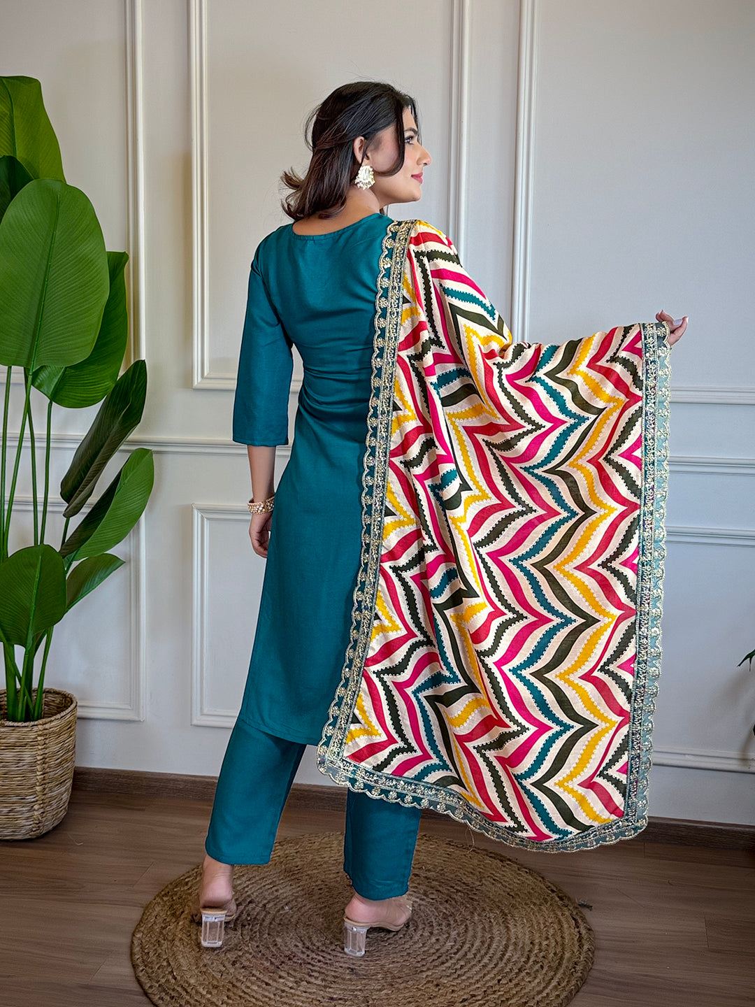 Women's Rani Viscose Embroidered Straight Kurta with Viscose Pant And Jacquard Printed Dupatta Sets