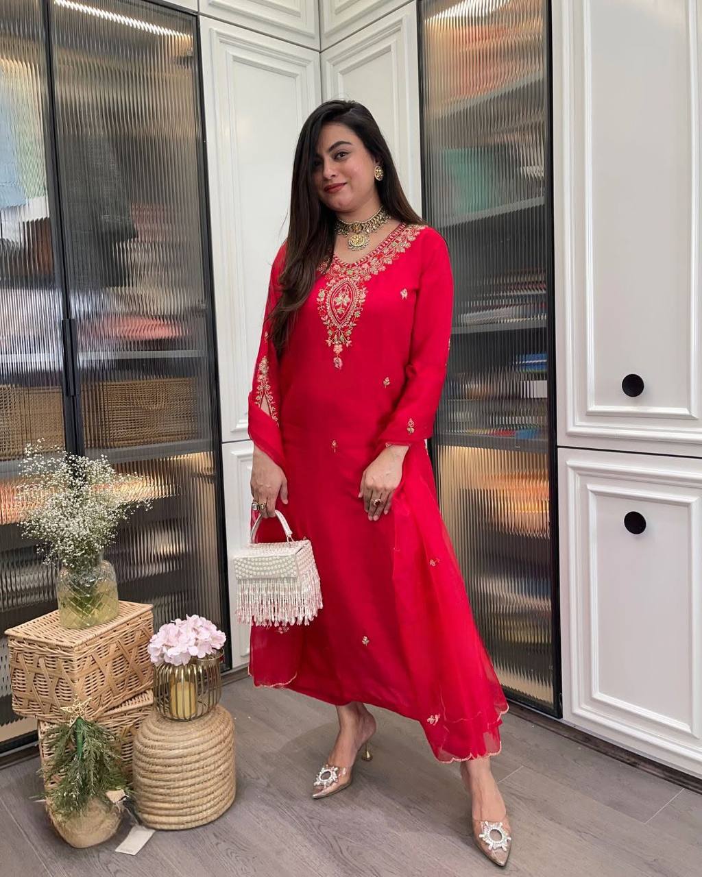 Women's Red Rayon Kurti Pant Set with Organza Embroidered Dupatta