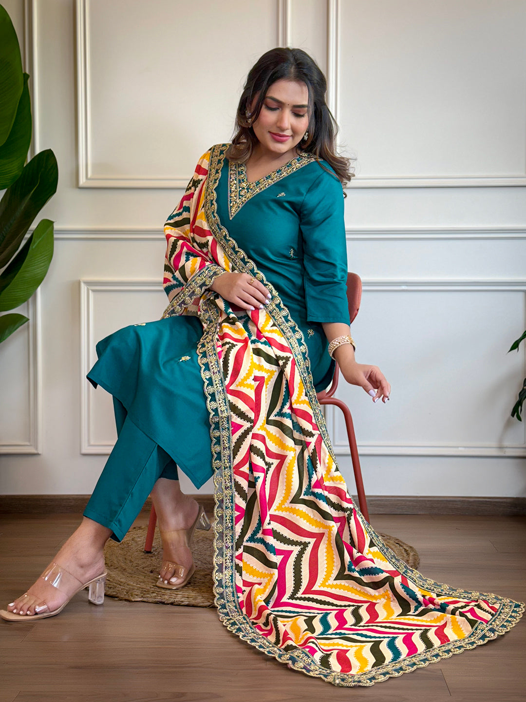 Women's Rani Viscose Embroidered Straight Kurta with Viscose Pant And Jacquard Printed Dupatta Sets