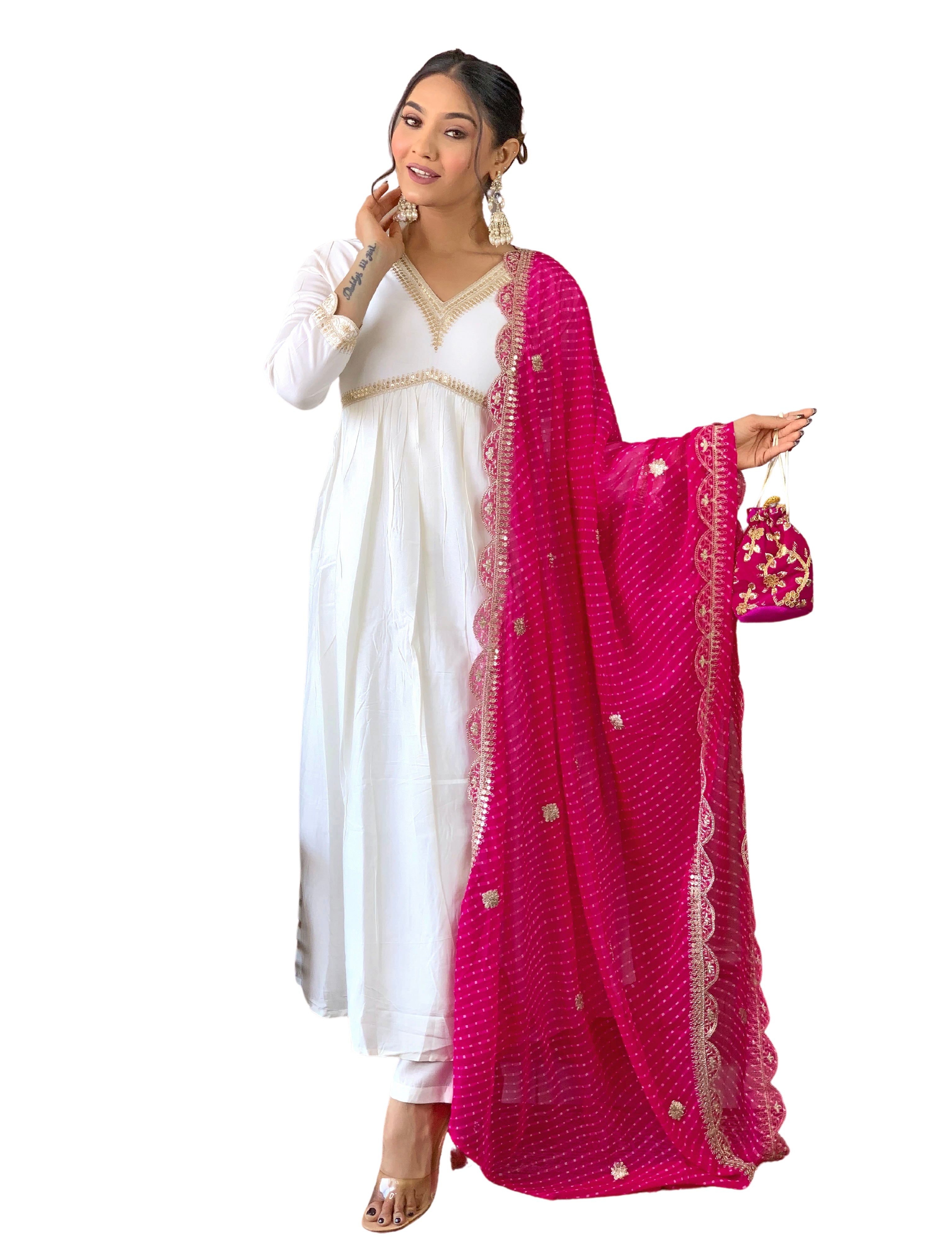 Women's Chanderi Embroidered Flared Kurta with Chanderi Pant And Silk Blend Printed Dupatta Sets