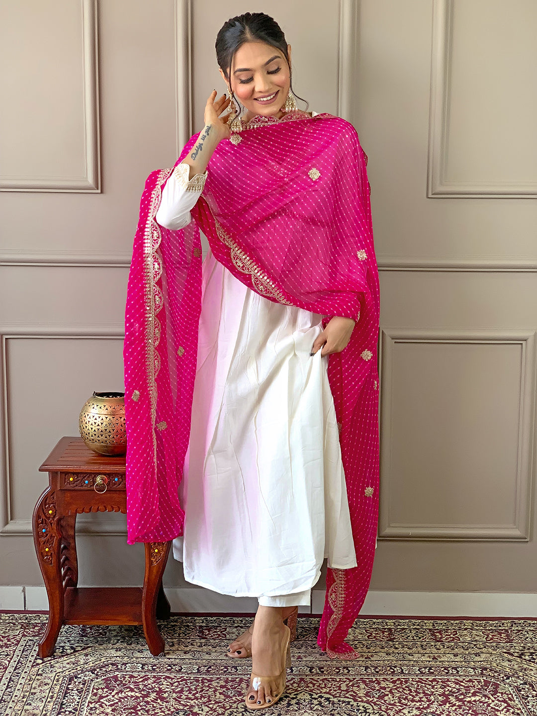 Women's Chanderi Embroidered Flared Kurta with Chanderi Pant And Silk Blend Printed Dupatta Sets