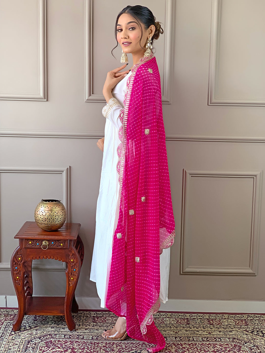 Women's Chanderi Embroidered Flared Kurta with Chanderi Pant And Silk Blend Printed Dupatta Sets