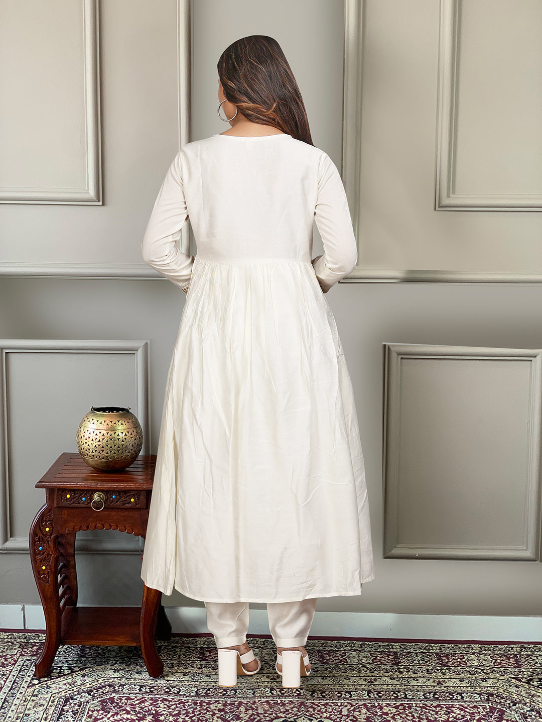 Women's Chanderi Embroidered Flared Kurta with Chanderi Pant And Silk Blend Printed Dupatta Sets