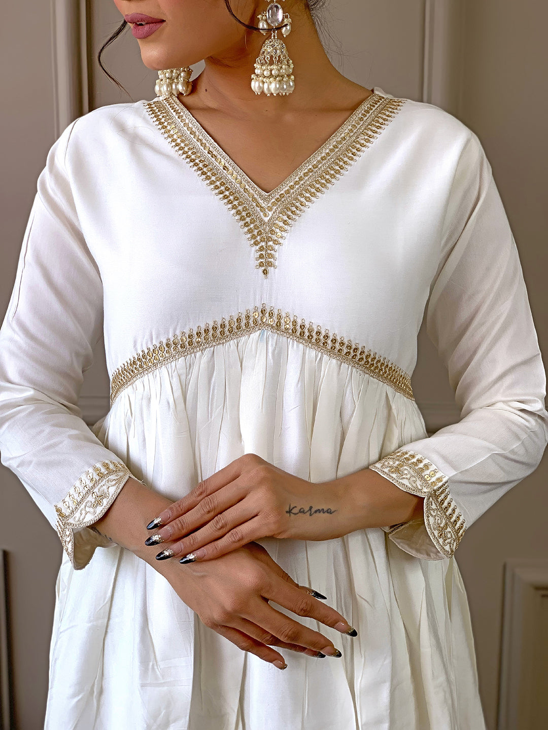 Women's Chanderi Embroidered Flared Kurta with Chanderi Pant And Silk Blend Printed Dupatta Sets