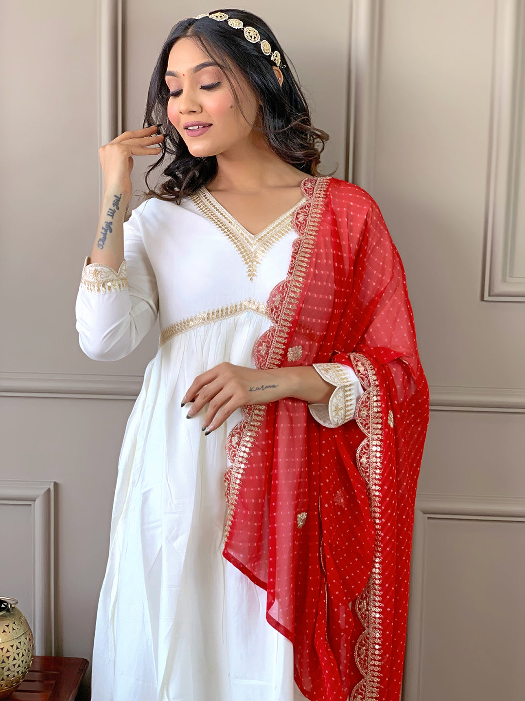 Women's Chanderi Embroidered Flared Kurta with Chanderi Pant And Silk Blend Printed Dupatta Sets