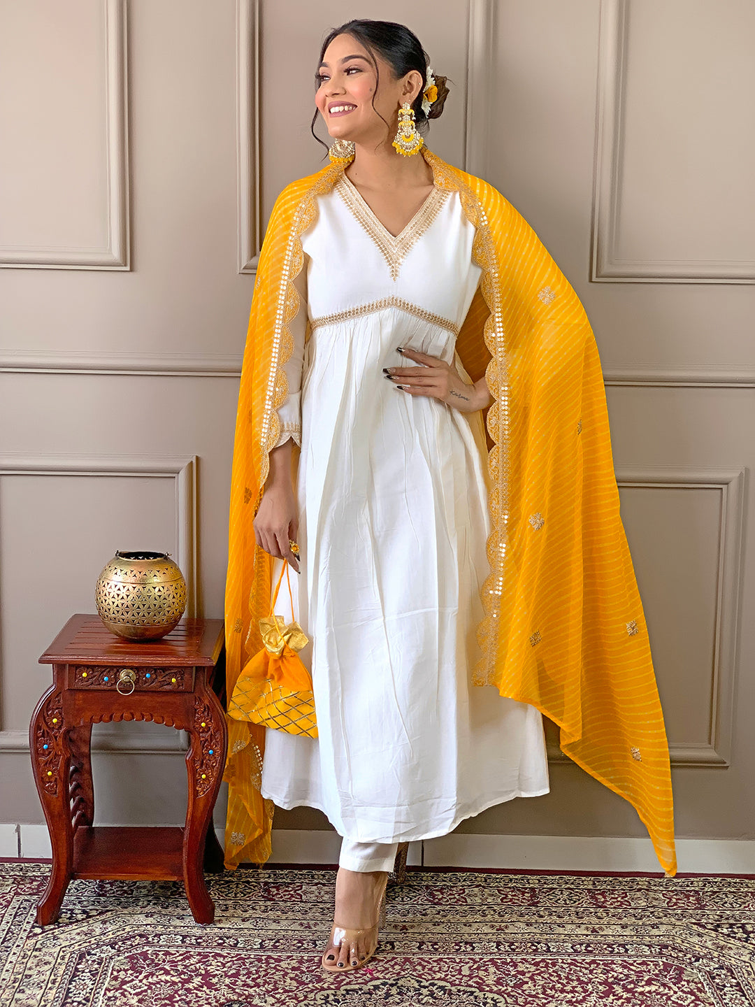 Women's Chanderi Embroidered Flared Kurta with Chanderi Pant And Silk Blend Printed Dupatta Sets